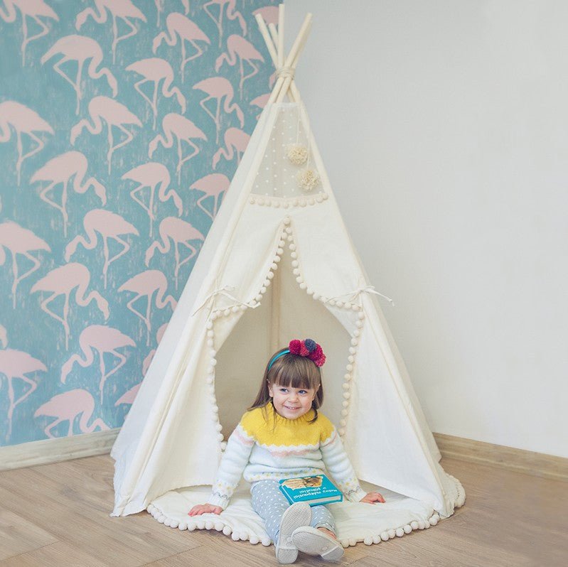 Original Kids Teepee with Pompoms - Ecru - Cotton Canvas & Wooden Poles - Tiny Tugz™