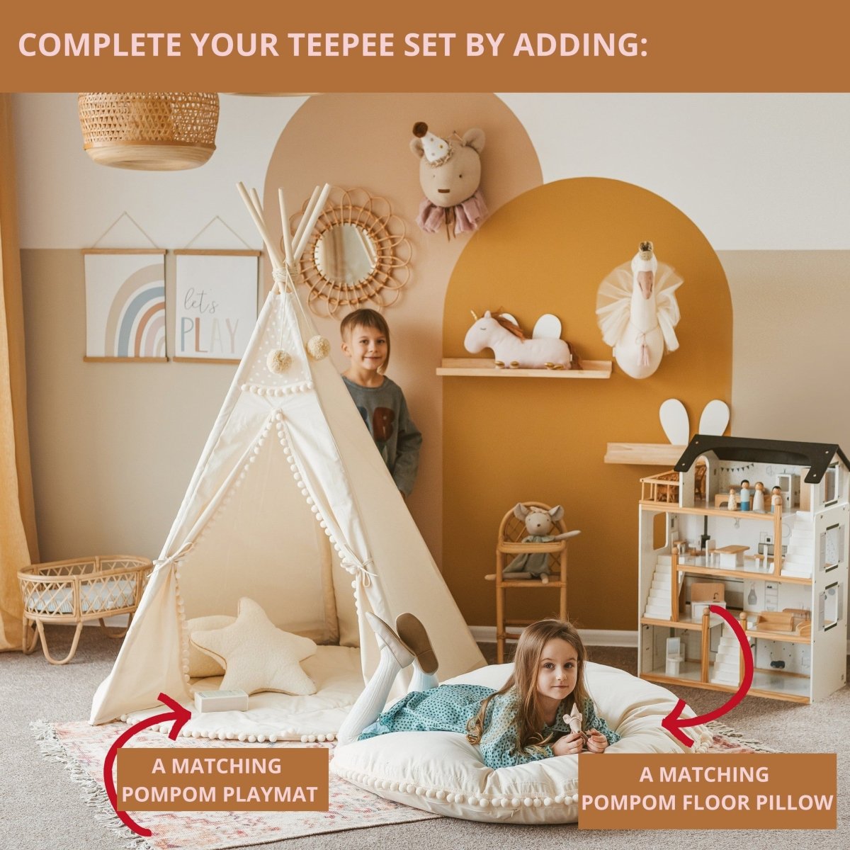 Original Kids Teepee with Pompoms - Ecru - Cotton Canvas & Wooden Poles - Tiny Tugz™