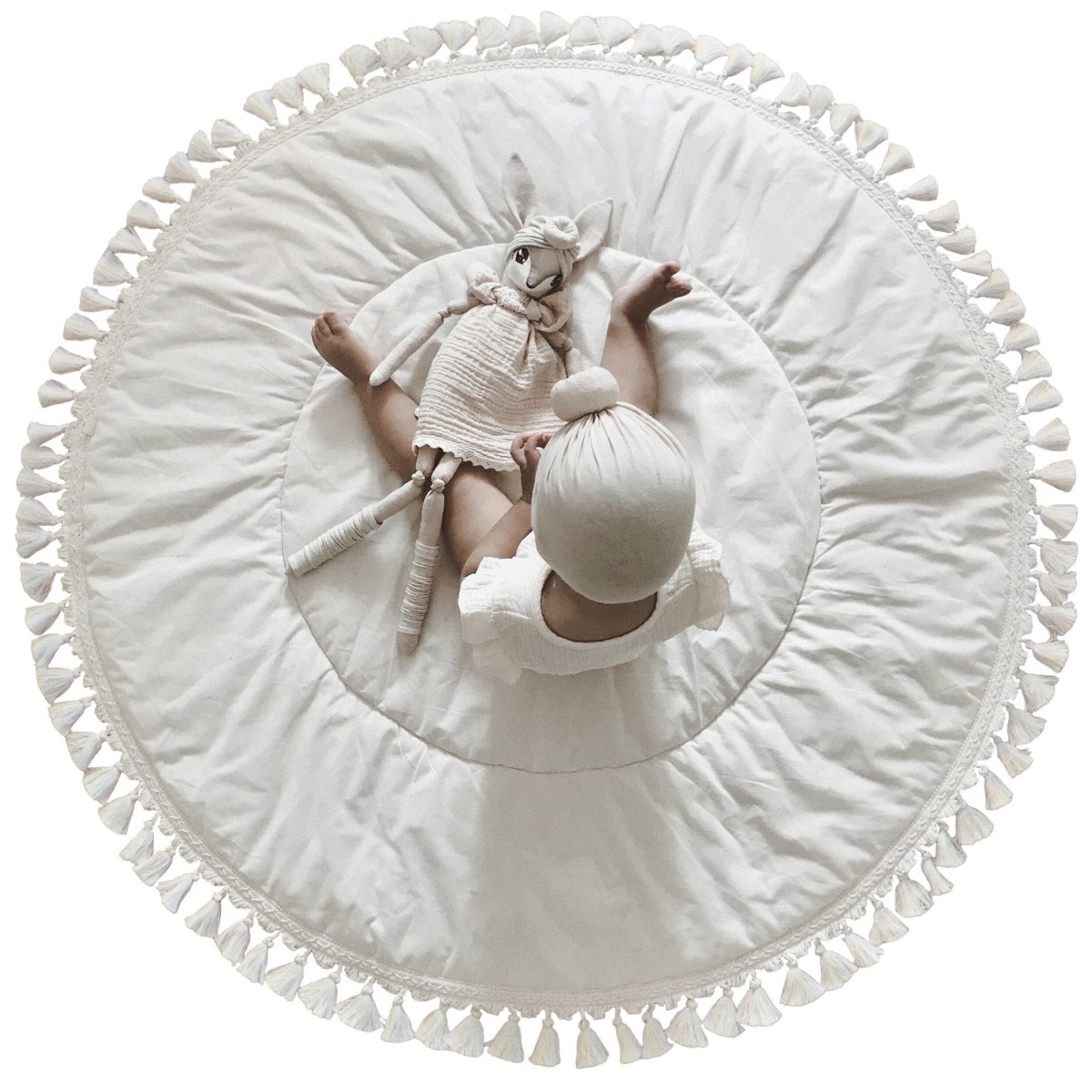 Padded Kids Play Mat with Tassels - Ecru - Round, 115 cm - Tiny Tugz™