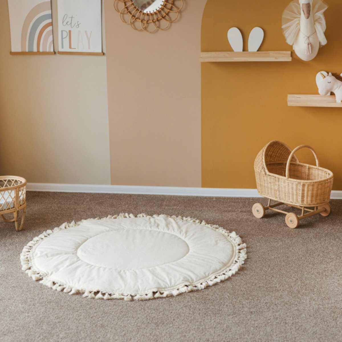 Padded Kids Play Mat with Tassels - Ecru - Round, 115 cm - Tiny Tugz™