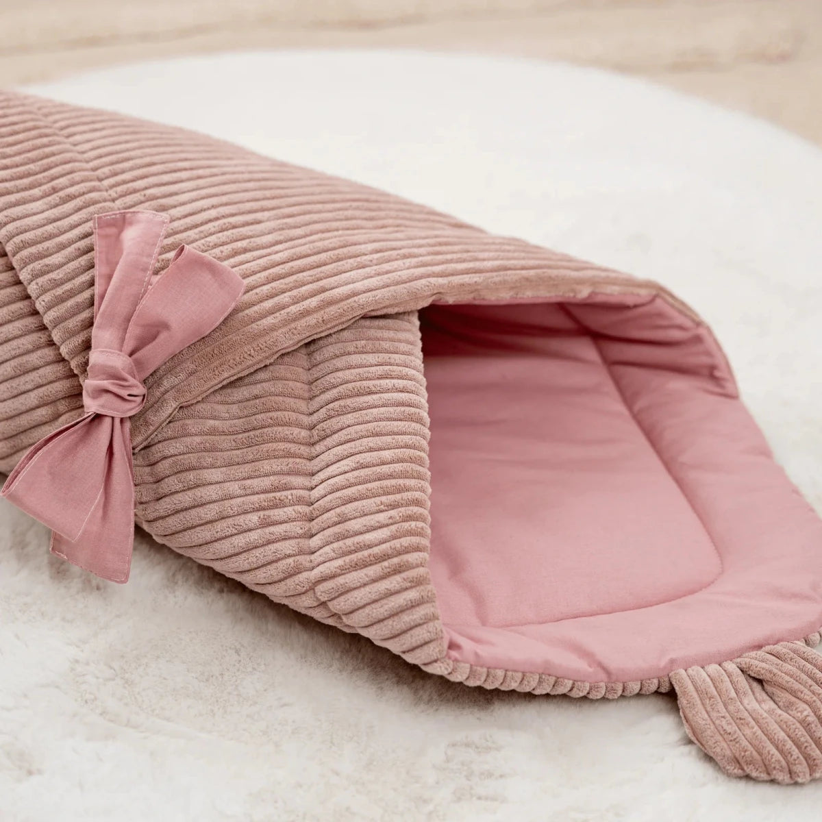 Pink Baby Swaddle Wrap with Bear Ears, Ribbed Corduroy & Cotton Lining - Tiny Tugz™