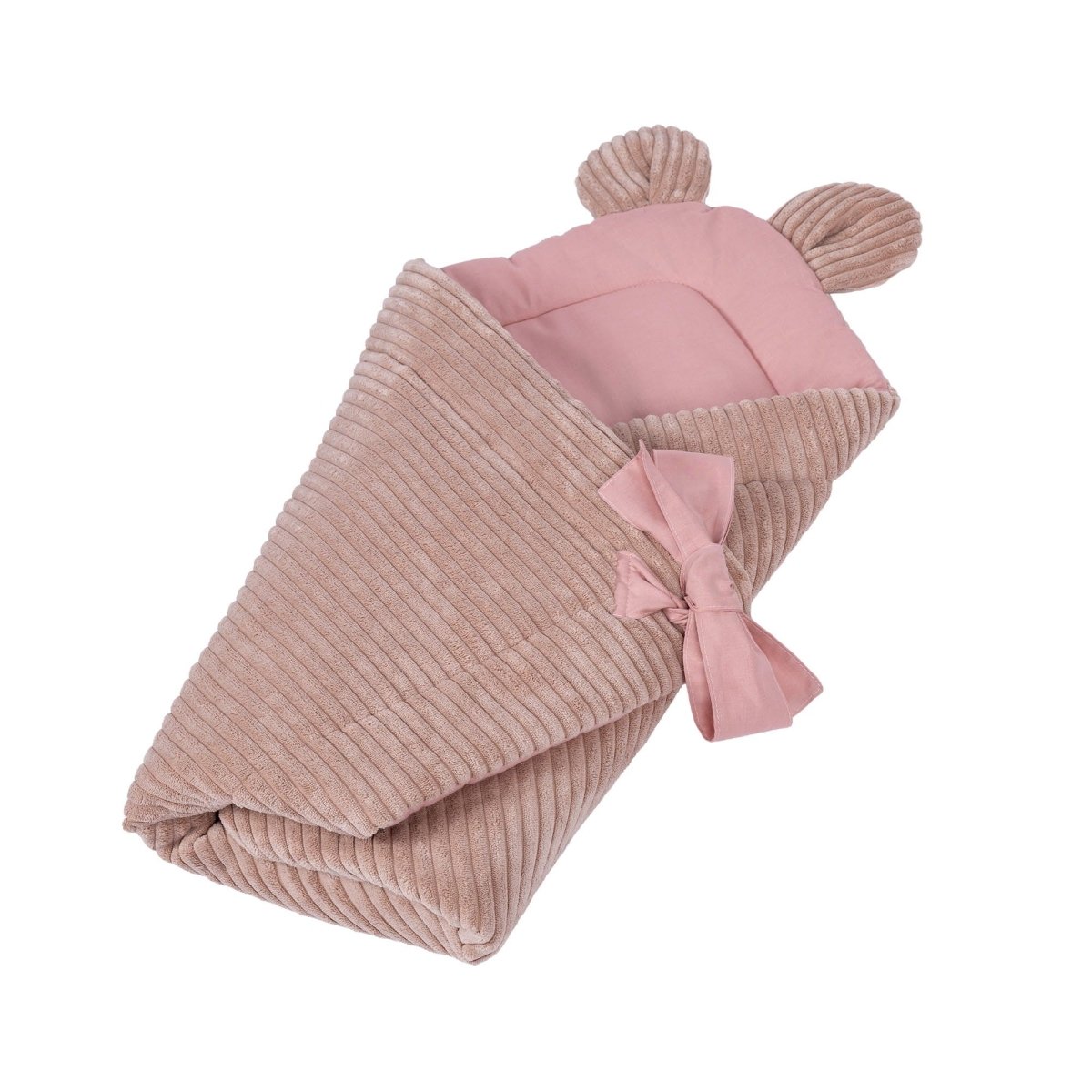 Pink Baby Swaddle Wrap with Bear Ears, Ribbed Corduroy & Cotton Lining - Tiny Tugz™