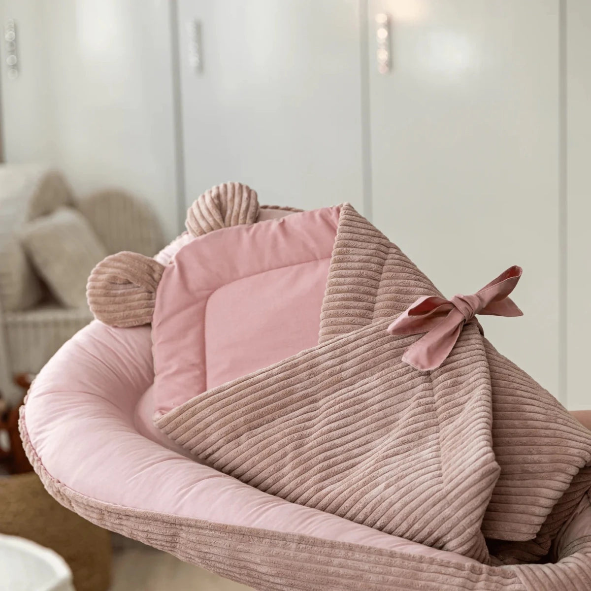 Pink Baby Swaddle Wrap with Bear Ears, Ribbed Corduroy & Cotton Lining - Tiny Tugz™