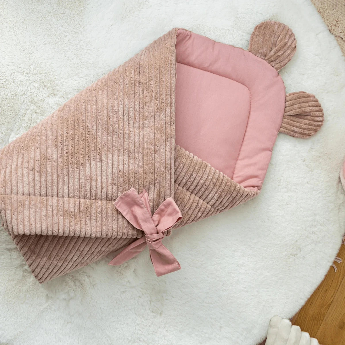 Pink Baby Swaddle Wrap with Bear Ears, Ribbed Corduroy & Cotton Lining - Tiny Tugz™
