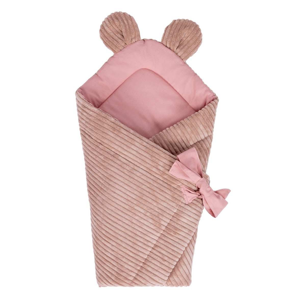 Pink Baby Swaddle Wrap with Bear Ears, Ribbed Corduroy & Cotton Lining - Tiny Tugz™