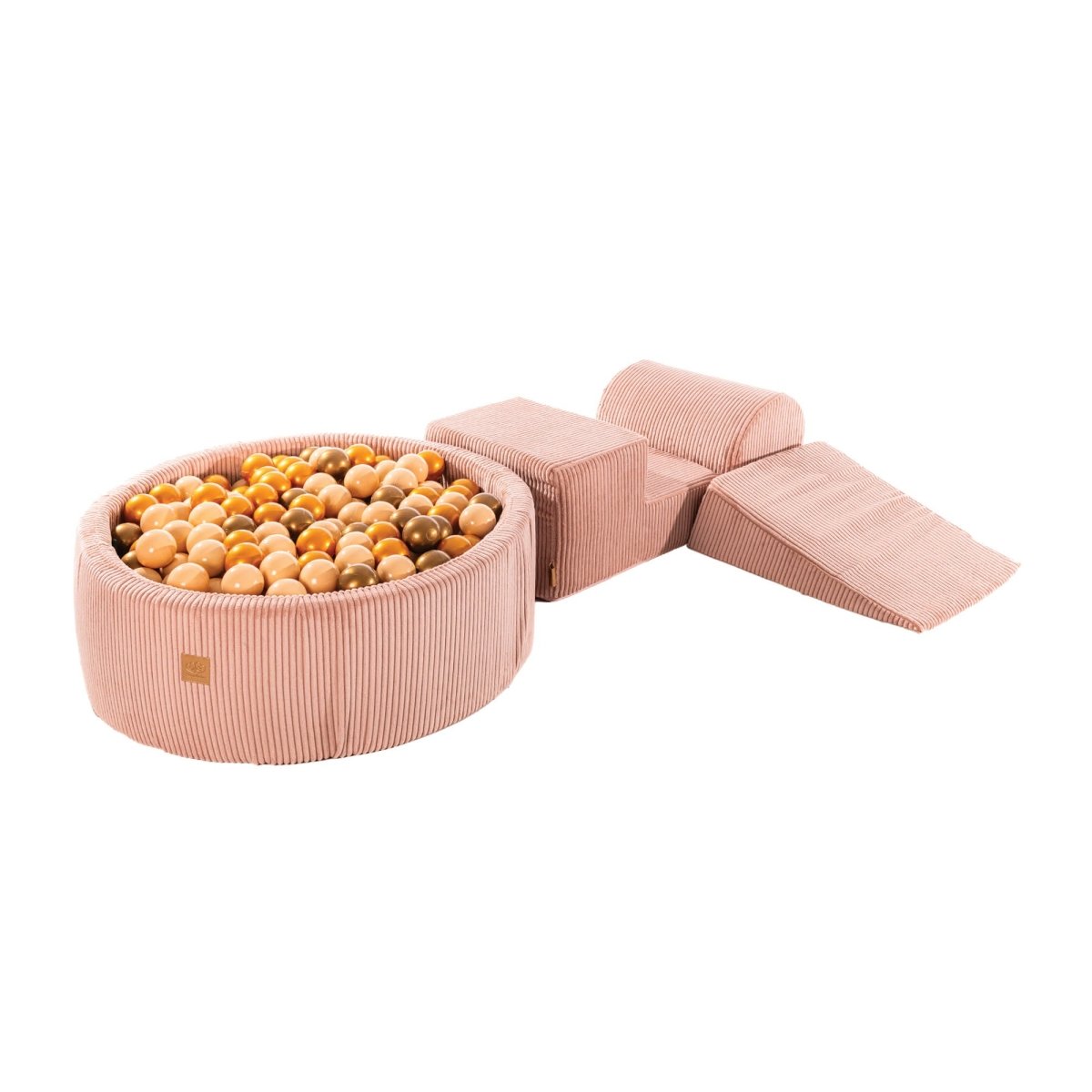 Pink Foam Play Set with Ball Pit, 4-Piece Soft Play (1–3y) – Beige & Gold Balls - Tiny Tugz™