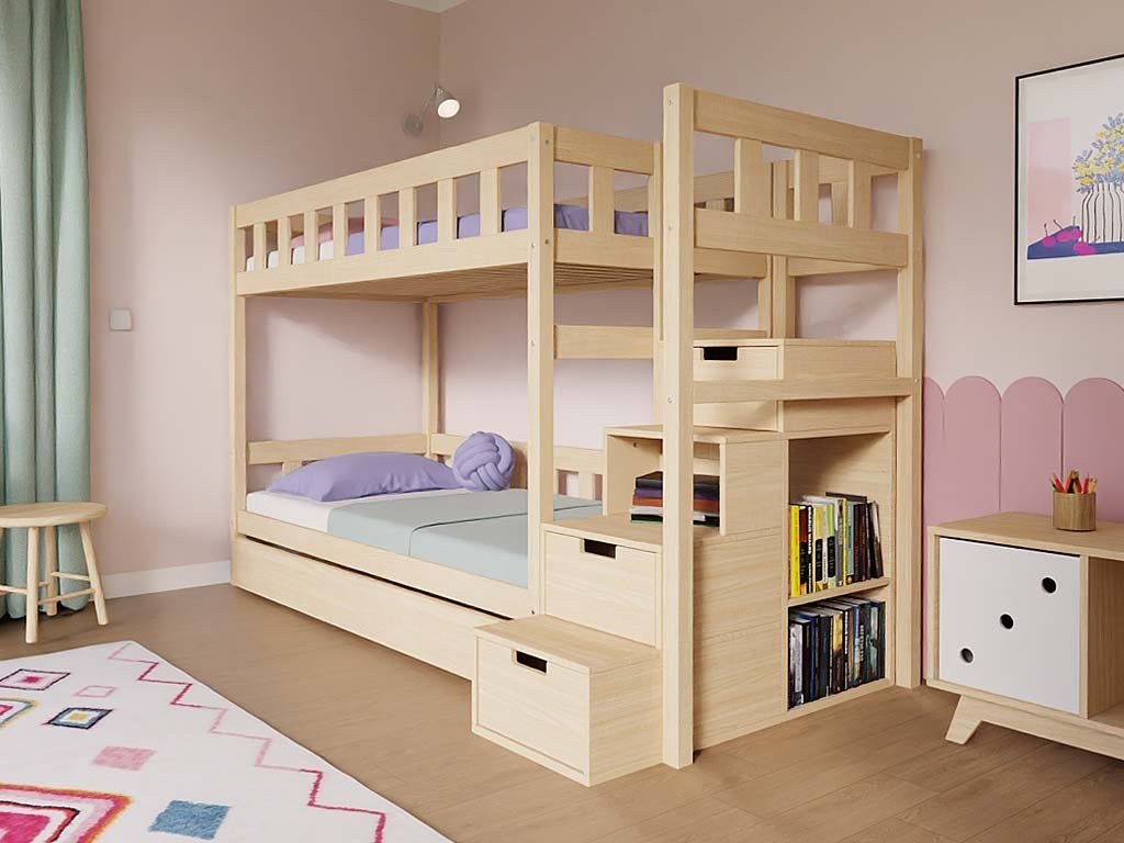 PLOTTY Kids' Bunk Bed 90x200 with Storage Stairs - Solid Spruce - Tiny Tugz™