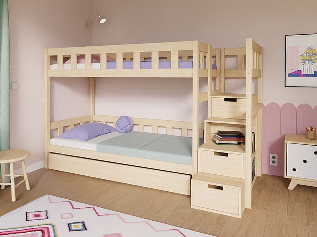 PLOTTY Kids' Bunk Bed 90x200 with Storage Stairs - Solid Spruce - Tiny Tugz™