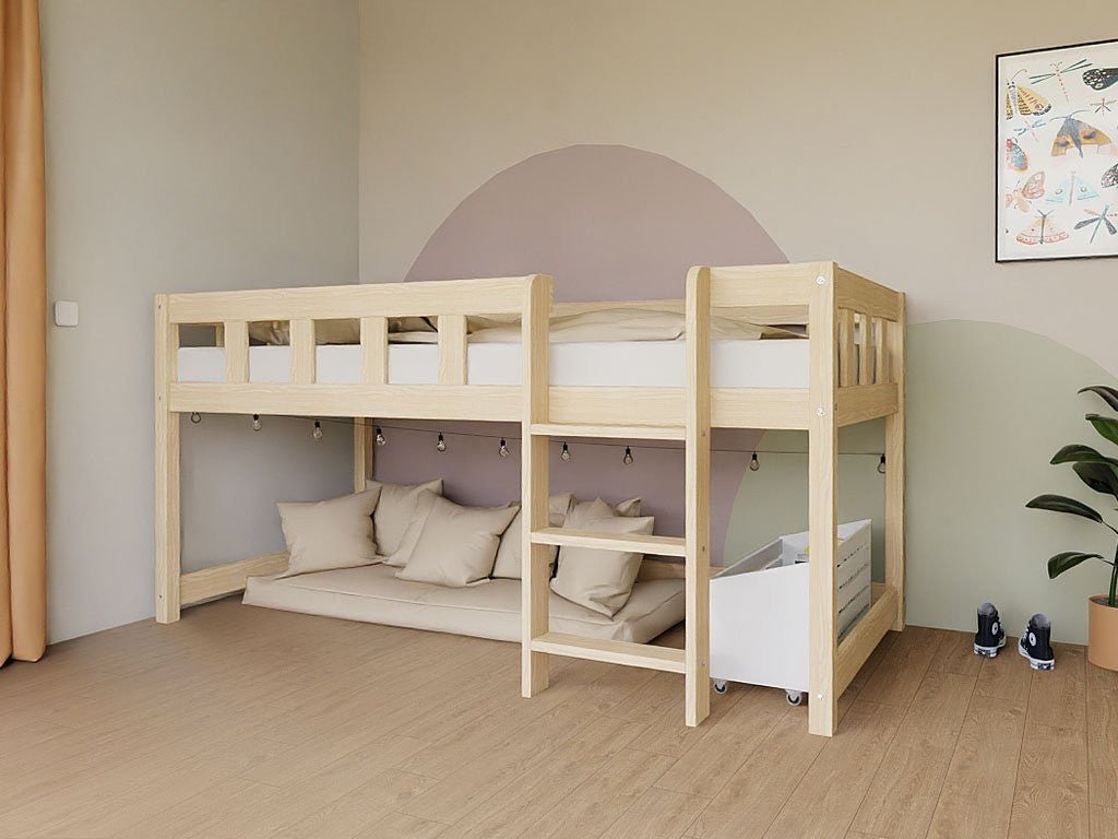 PLOTTY Low Loft Bed 90x200 with Ladder - Solid Spruce - Tiny Tugz™