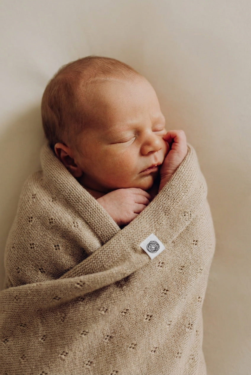 Wool Baby/Children's Blanket / Swaddle Blanket - Pointelle Knit - Merino Wool - Biscotti