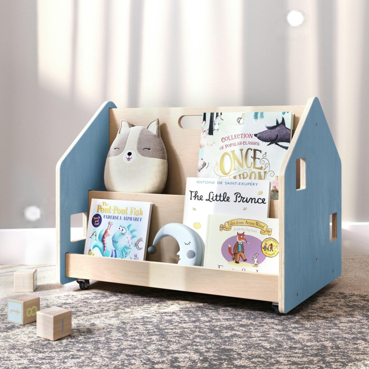 Rolling Double-Sided Kids Bookshelf – Light Blue - Tiny Tugz™