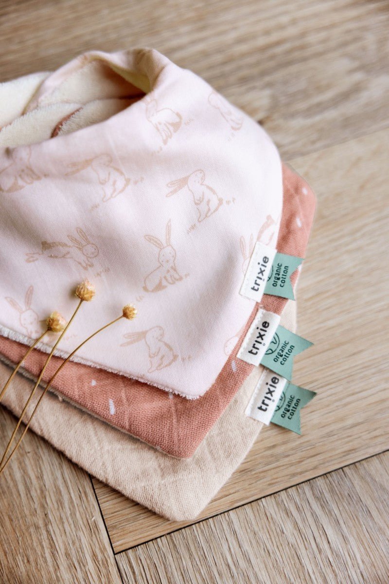 Rosy Rabbit Bandana Bibs 3-Pack – 100% Organic Cotton, Adjustable Snap Closure (0m+) - Tiny Tugz™