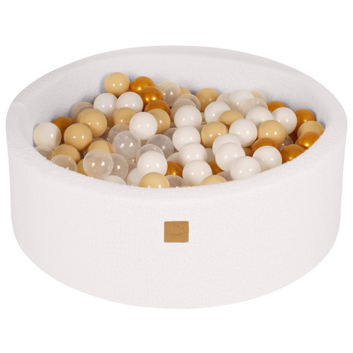 Round Bouclé Foam Ball Pit with 200 Balls, 30 cm High - White, Gold, Beige, White & Transparent Balls - Tiny Tugz™