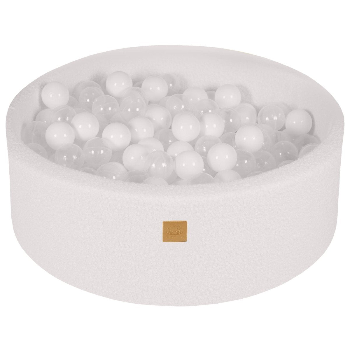 Round Bouclé Foam Ball Pit with 200 Balls, 30 cm High - White, White & Transparent Balls - Tiny Tugz™