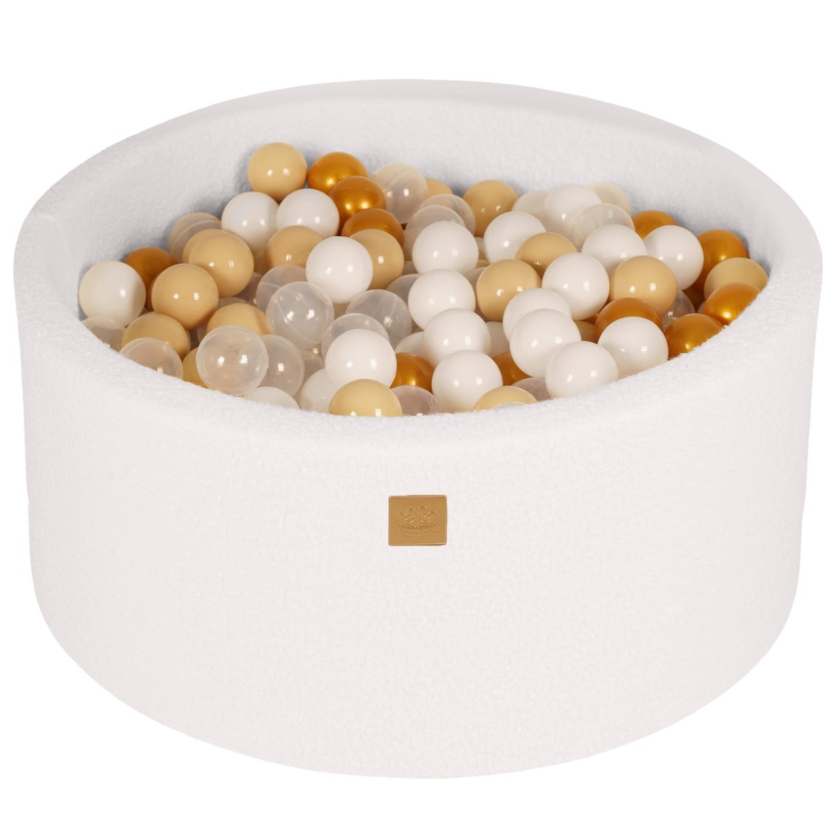 Round Bouclé Foam Ball Pit with 300 Balls, 40 cm High - White, Gold, Beige, White & Transparent Balls - Tiny Tugz™