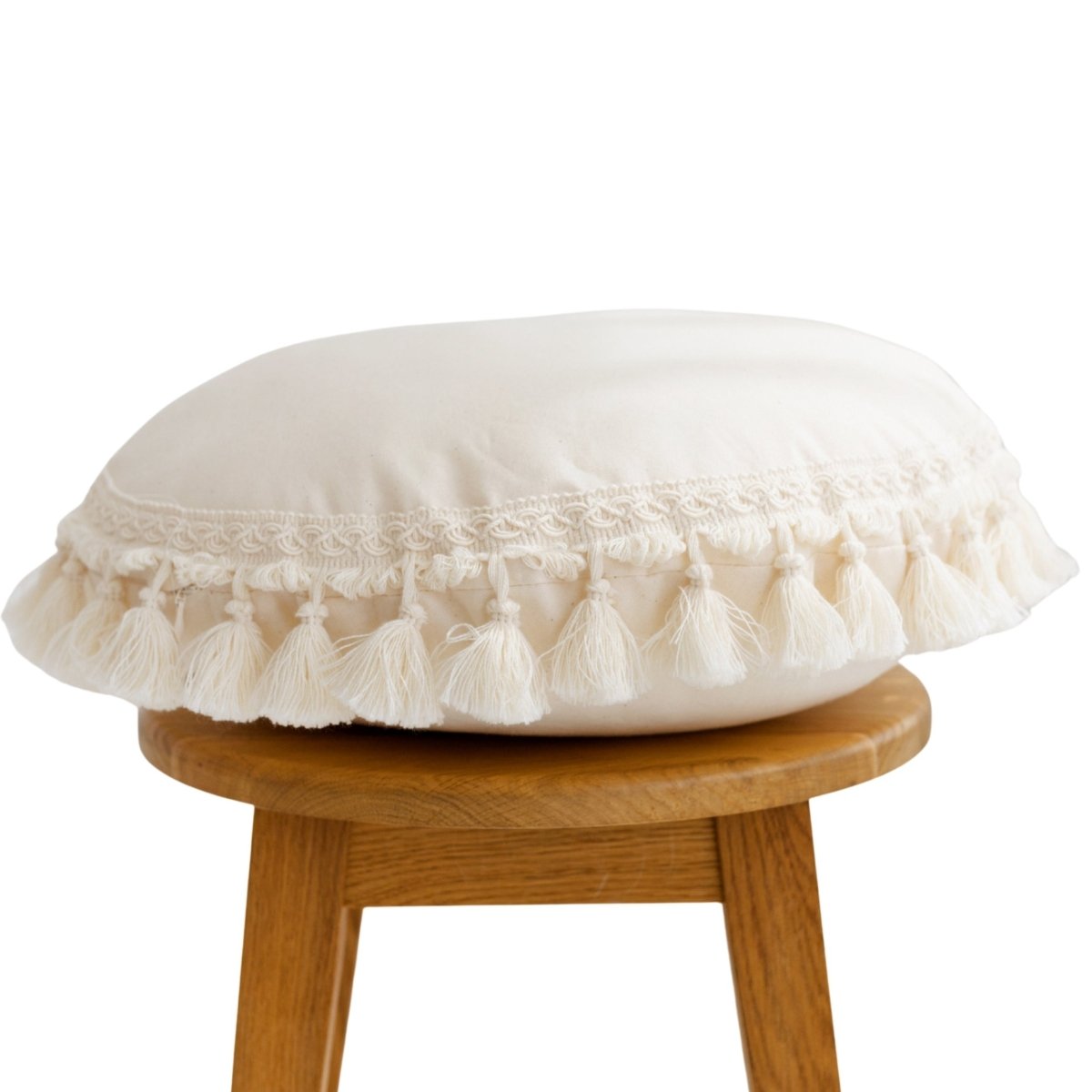 Round Cotton Cushion with Tassels - Ecru - 45 cm - Tiny Tugz™
