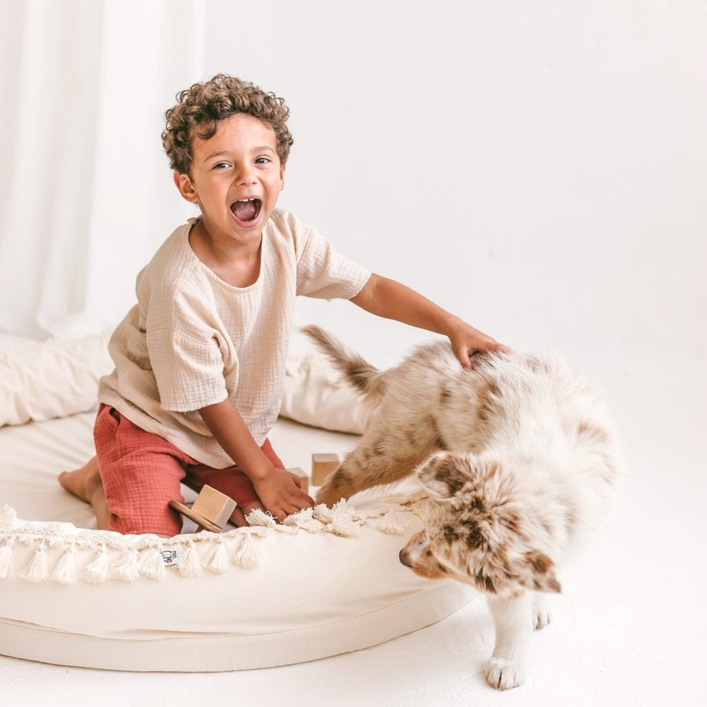Round Nest Play Mat & Kids Lounger with Tassels - Ecru - 110 cm - Tiny Tugz™