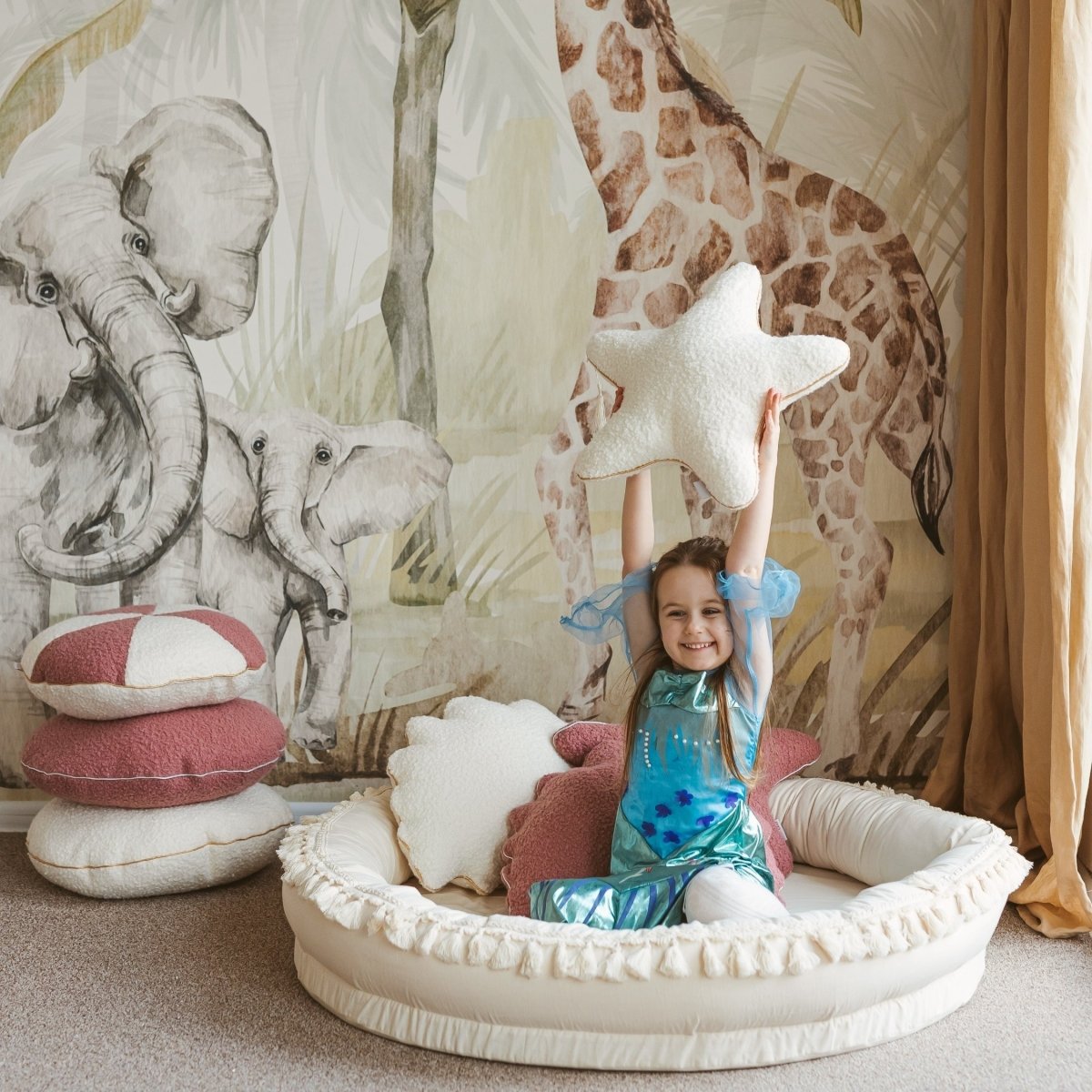 Round Nest Play Mat & Kids Lounger with Tassels - Ecru - 110 cm - Tiny Tugz™