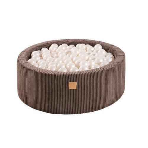 Round Velvet Corduroy Foam Ball Pit with 200 Balls, 30 cm High - Brown, White Balls - Tiny Tugz™