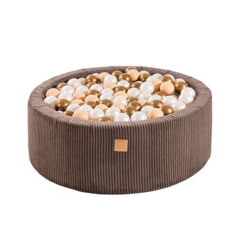 Round Velvet Corduroy Foam Ball Pit with 200 Balls, 30 cm High - Brown, White & Copper Balls - Tiny Tugz™