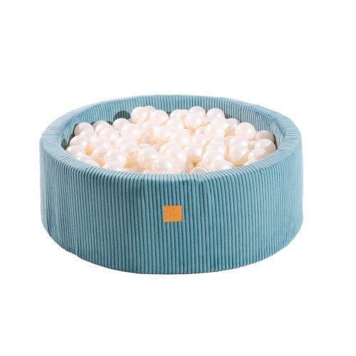 Round Velvet Corduroy Foam Ball Pit with 200 Balls, 30 cm High - Turquoise, White Balls - Tiny Tugz™