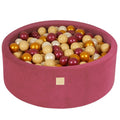 Round Velvet Foam Ball Pit (Raspberry Red) – Safe Soft Play Pool for Kids (200 Balls Included: Gold, Beige & Burgundy) - Tiny Tugz™