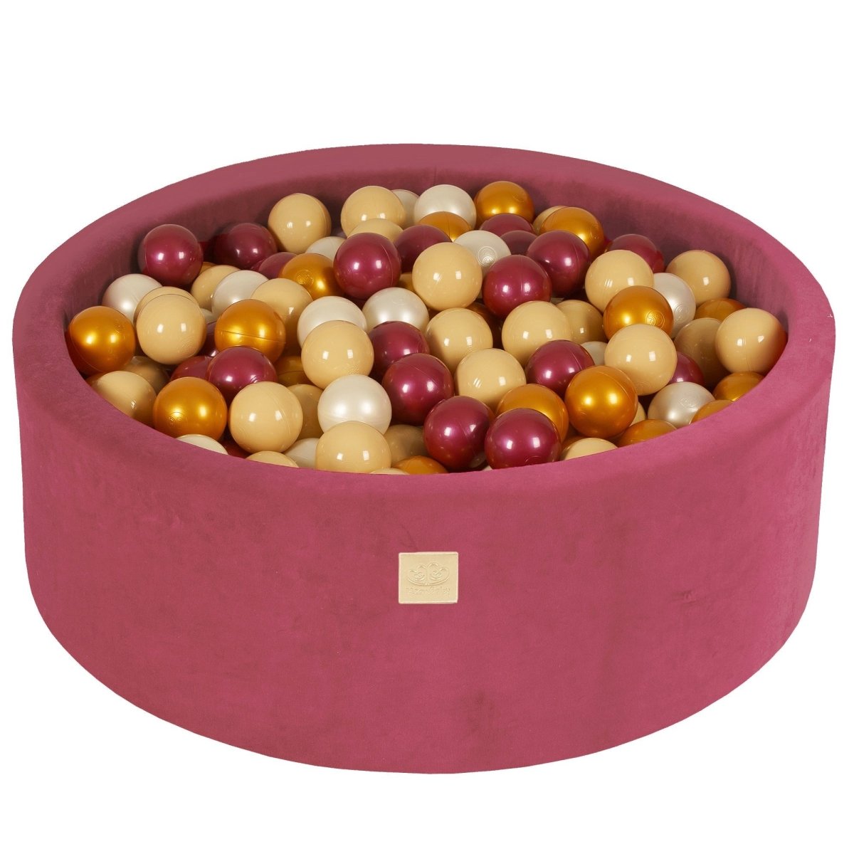 Round Velvet Foam Ball Pit (Raspberry Red) – Safe Soft Play Pool for Kids (200 Balls Included: Gold, Beige & Burgundy) - Tiny Tugz™