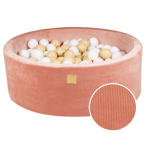 Round Velvet Foam Ball Pit with 200 Balls, 30 cm High - Apricot, Sand & White Balls - Tiny Tugz™