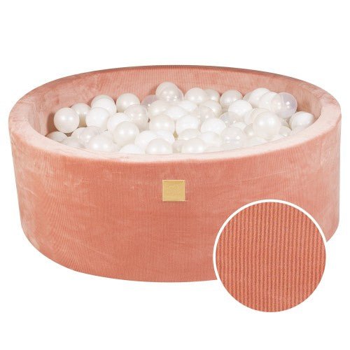 Round Velvet Foam Ball Pit with 200 Balls, 30 cm High - Apricot, Translucent & White Balls - Tiny Tugz™