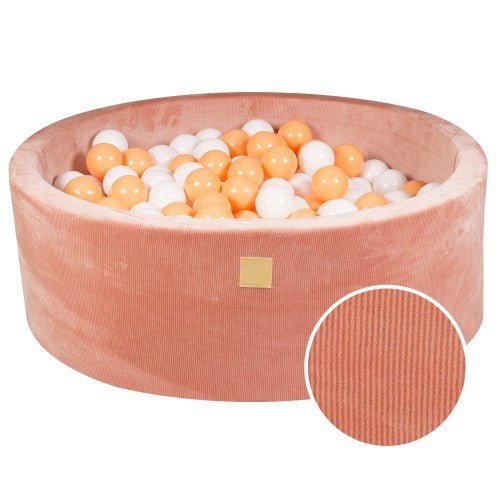 Round Velvet Foam Ball Pit with 200 Balls, 30 cm High - Apricot, White & Orange Balls - Tiny Tugz™