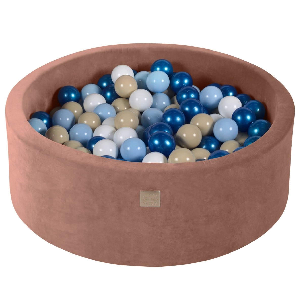Round Velvet Foam Ball Pit with 200 Balls, 30 cm High - Beige, Blue, White & Beige Balls - Tiny Tugz™
