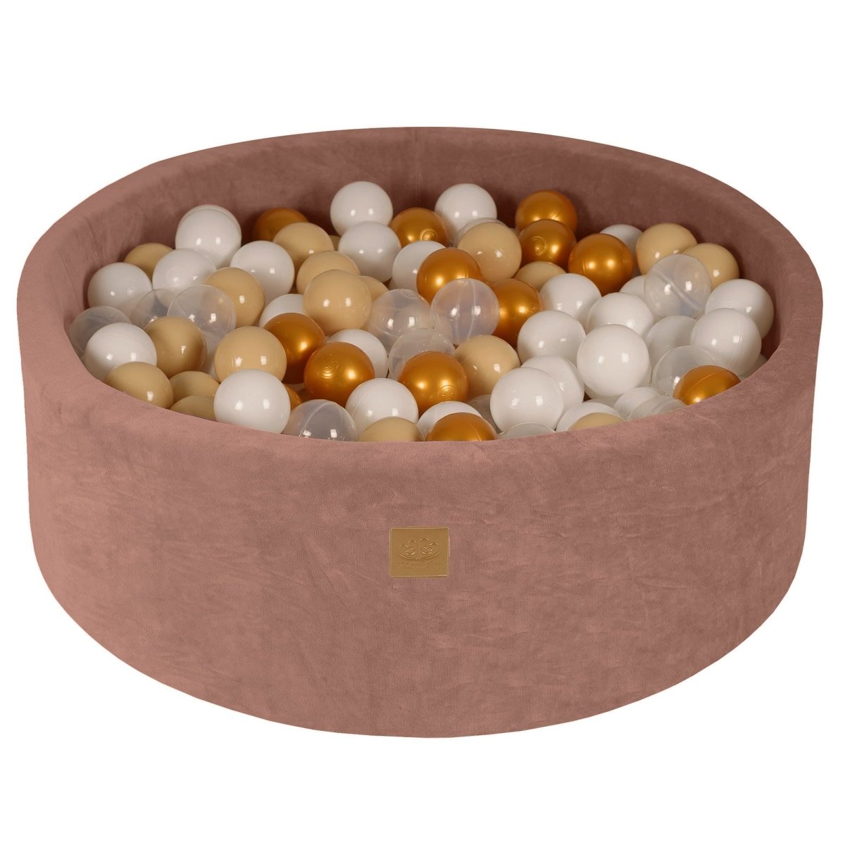 Round Velvet Foam Ball Pit with 200 Balls, 30 cm High - Beige, Gold, Beige, White & Transparent Balls - Tiny Tugz™