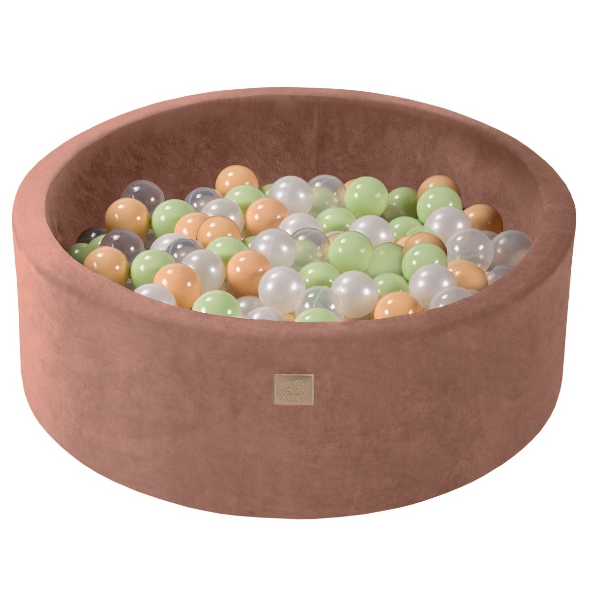 Round Velvet Foam Ball Pit with 200 Balls, 30 cm High - Beige, Light Green, White Pearl, Beige & Transparent Balls - Tiny Tugz™
