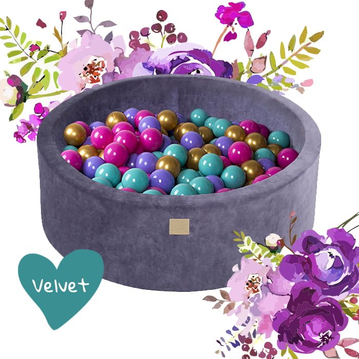 Round Velvet Foam Ball Pit with 250 Balls, 40 cm High - Baby Blue, Gold, Dark Pink, Lilac & Turquoise Balls - Tiny Tugz™