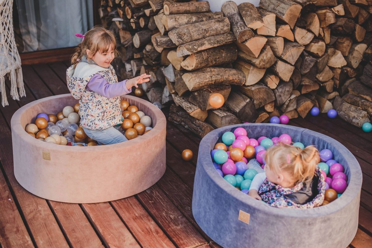 Round Velvet Foam Ball Pit with 250 Balls, 40 cm High - Baby Blue, Gold, Dark Pink, Lilac & Turquoise Balls - Tiny Tugz™