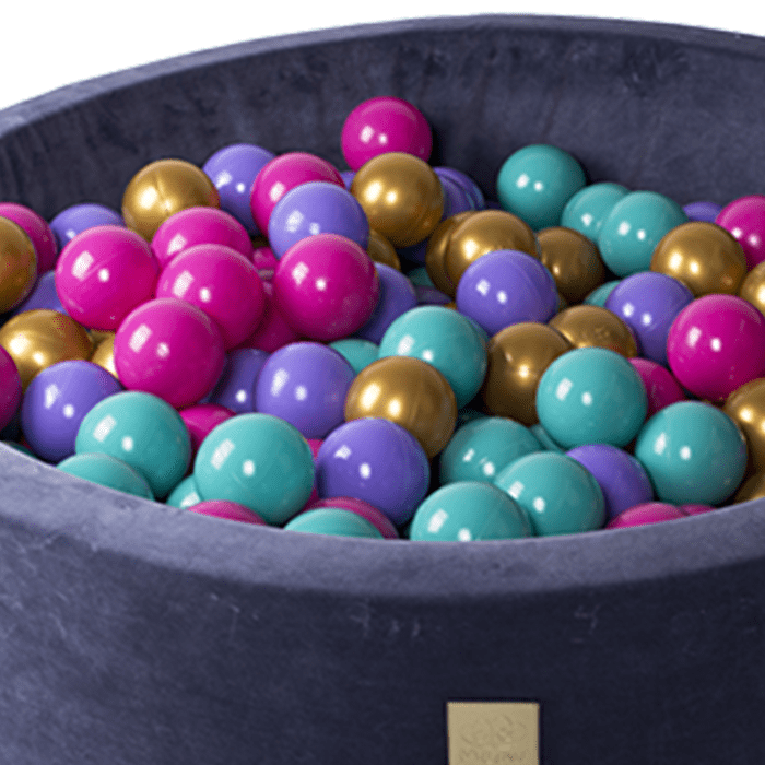 Round Velvet Foam Ball Pit with 250 Balls, 40 cm High - Baby Blue, Gold, Dark Pink, Lilac & Turquoise Balls - Tiny Tugz™