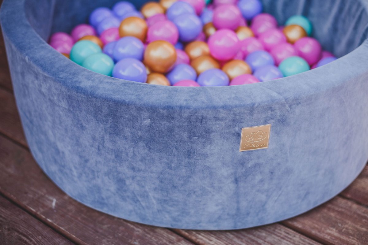 Round Velvet Foam Ball Pit with 250 Balls, 40 cm High - Baby Blue, Gold, Dark Pink, Lilac & Turquoise Balls - Tiny Tugz™