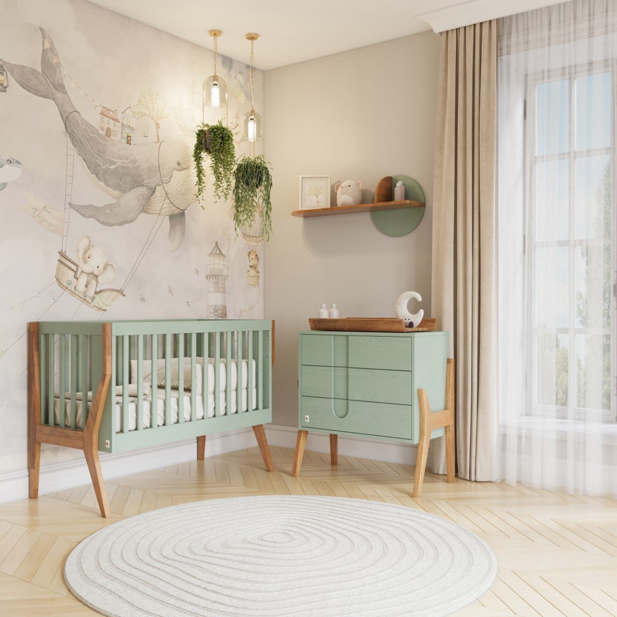 Sage Green YappyIcon Solid Oak Changing Top for Nursery Dresser (0–2y) - Tiny Tugz™