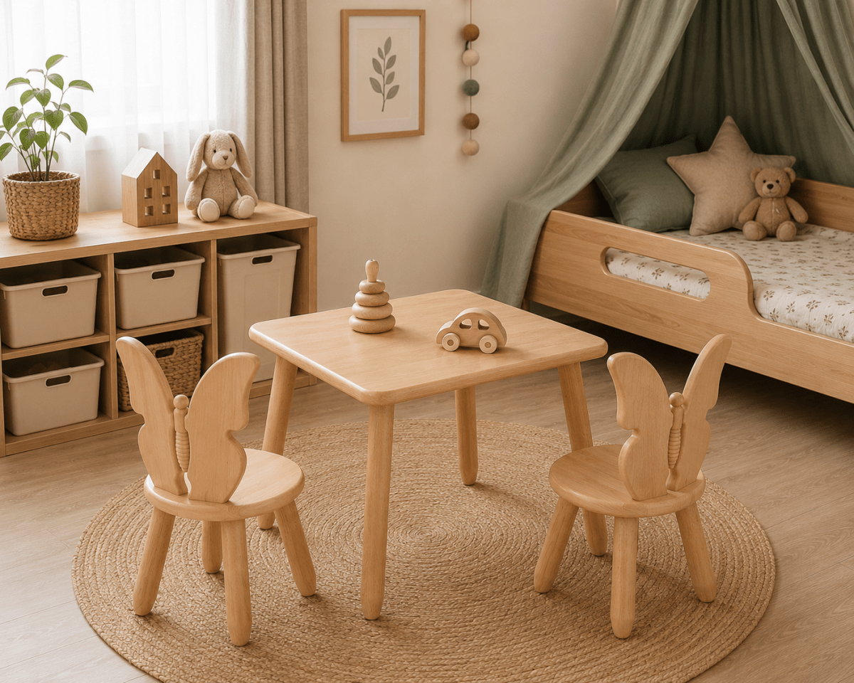 Scandinavian Wooden Kids Table and Chair Set in Solid Beech Wood (Butterfly) - Tiny Tugz™