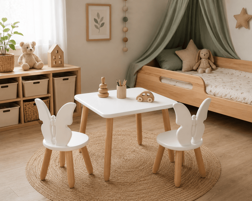 Scandinavian Wooden Kids Table and Chair Set in Solid Beech Wood (Butterfly) - Tiny Tugz™