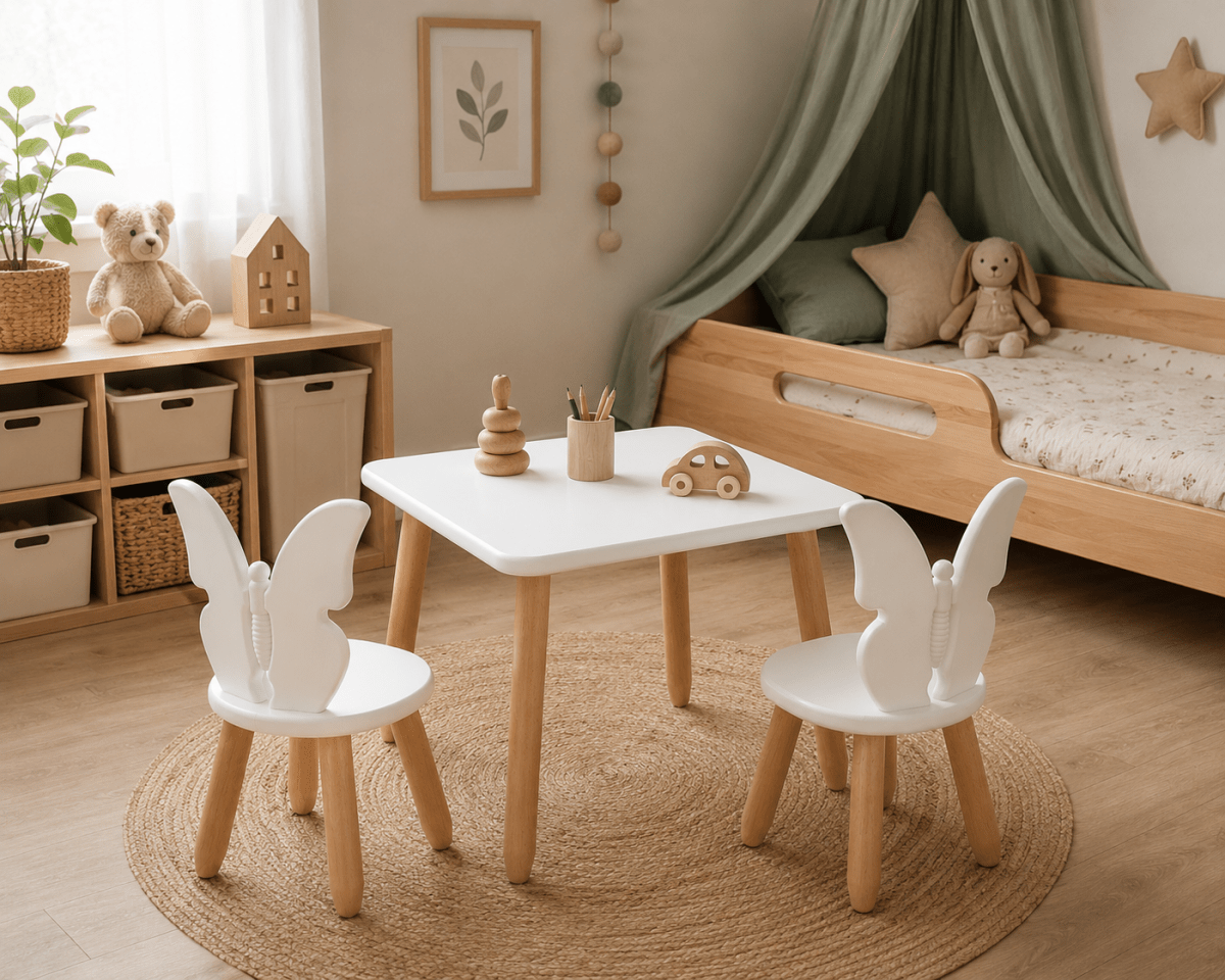Scandinavian Wooden Kids Table and Chair Set in Solid Beech Wood (Butterfly) - Tiny Tugz™