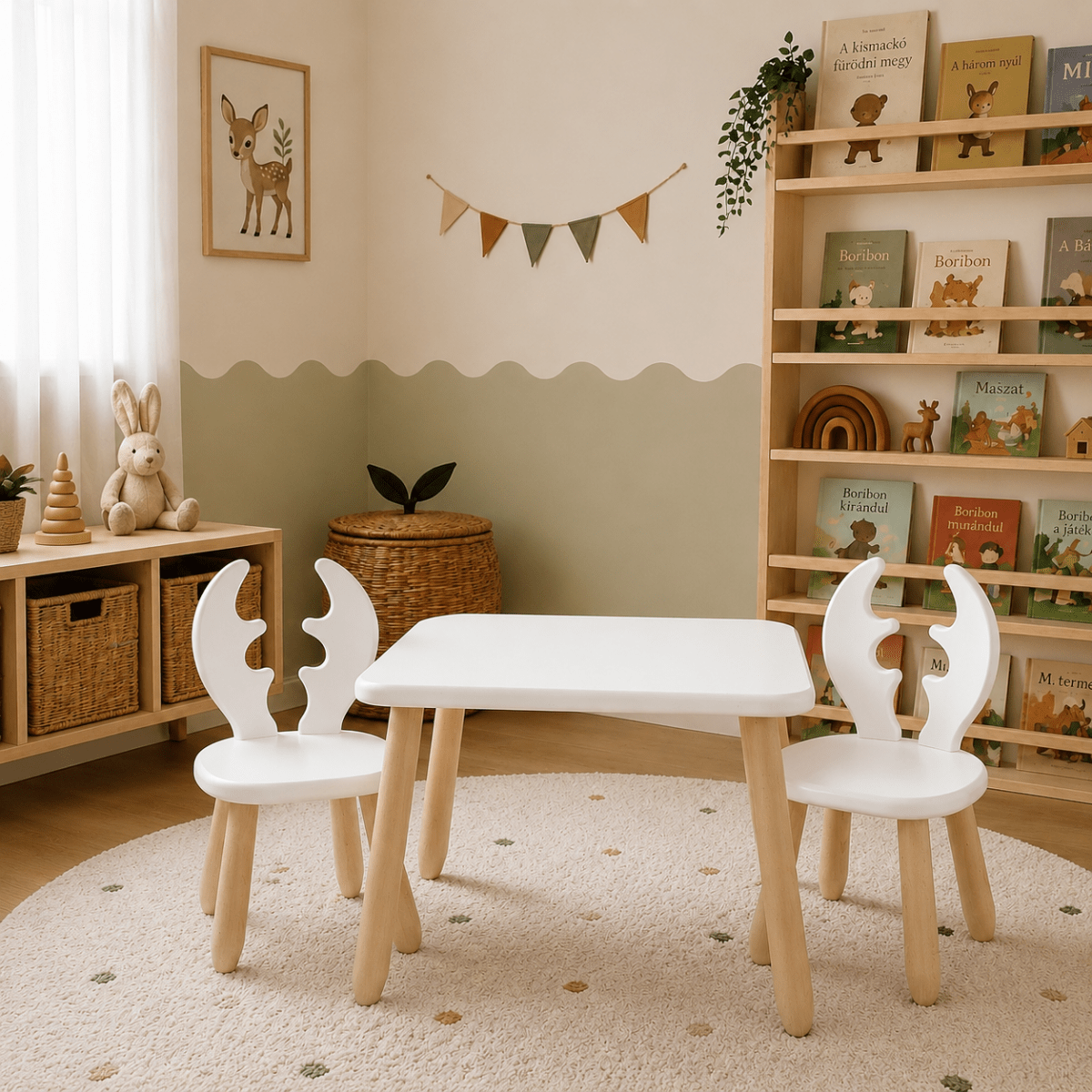 Scandinavian Wooden Kids Table and Chair Set in Solid Beech Wood (Deer) - Tiny Tugz™