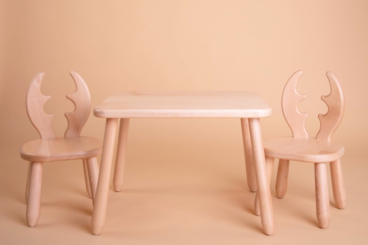 Scandinavian Wooden Kids Table and Chair Set in Solid Beech Wood (Deer) - Tiny Tugz™