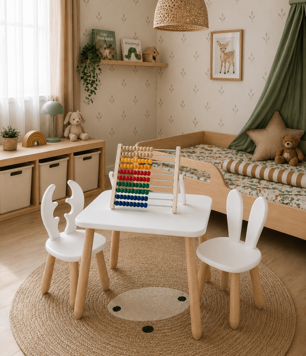 Scandinavian Wooden Kids Table and Chair Set in Solid Beech Wood (Deer & Bunny) - Tiny Tugz™