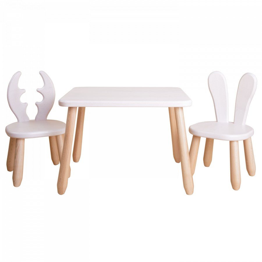 Scandinavian Wooden Kids Table and Chair Set in Solid Beech Wood (Deer & Bunny) - Tiny Tugz™
