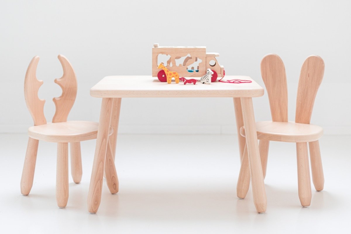 Scandinavian Wooden Kids Table and Chair Set in Solid Beech Wood (Deer & Bunny) - Tiny Tugz™