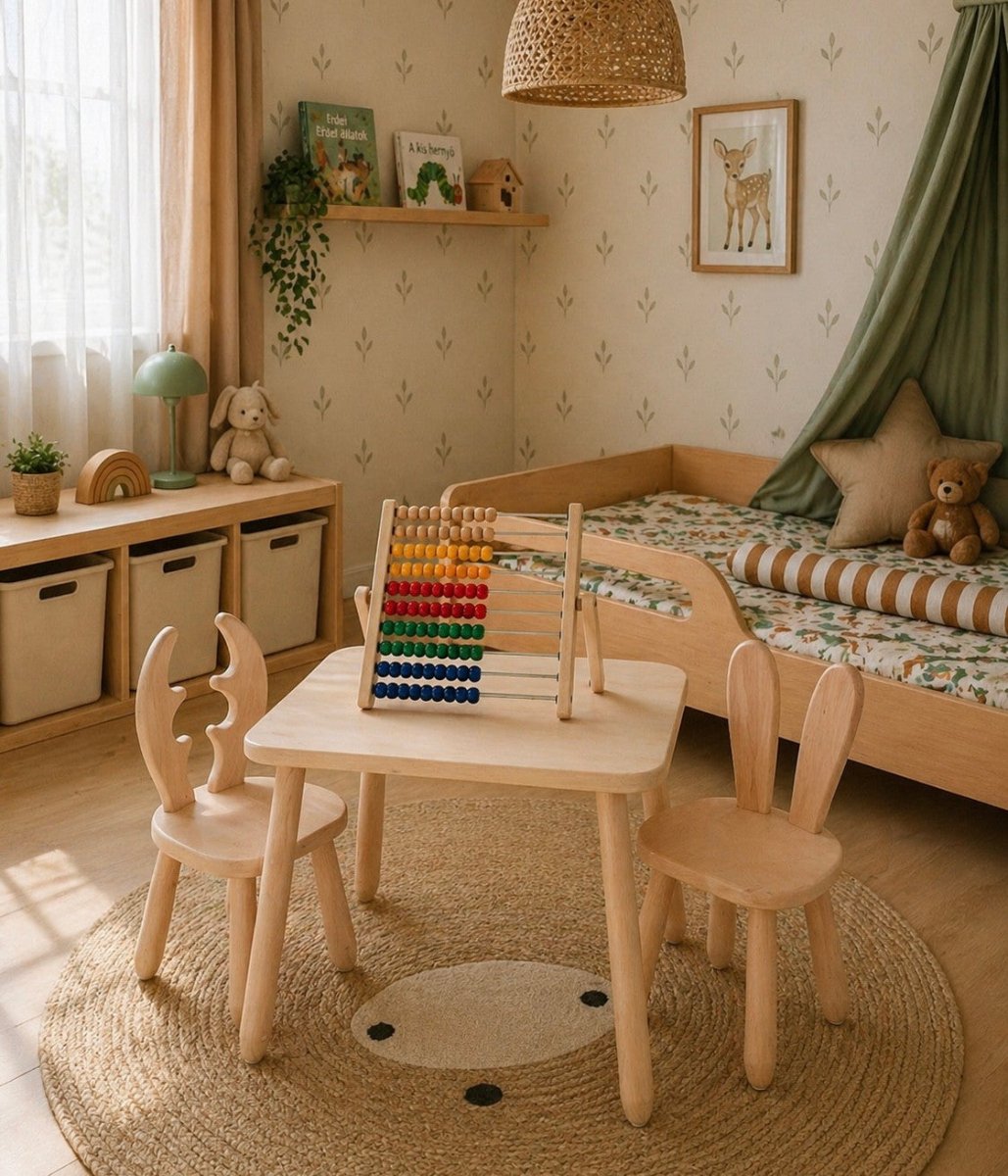 Scandinavian Wooden Kids Table and Chair Set in Solid Beech Wood (Deer & Bunny) - Tiny Tugz™