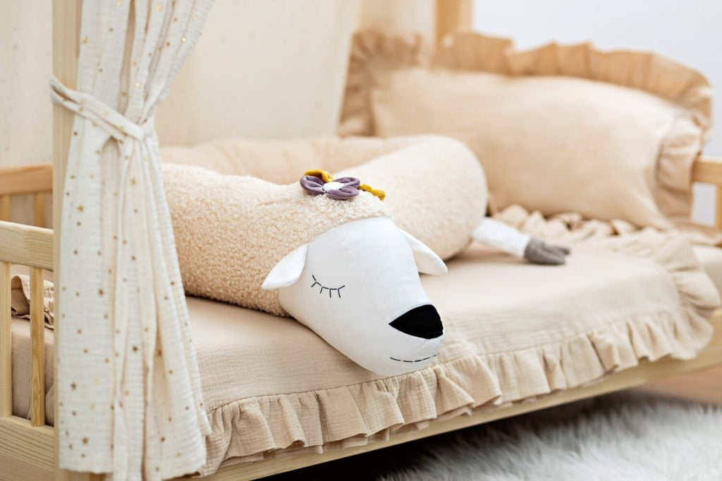 Sheep Cuddle Pillow & Bed Wall Bumper with Floral Crown - Bouclé, 200 cm - Tiny Tugz™
