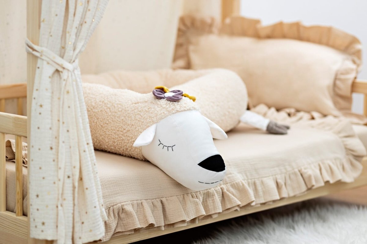 Sheep Cuddle Pillow & Bed Wall Bumper with Floral Crown - Bouclé, 200 cm - Tiny Tugz™