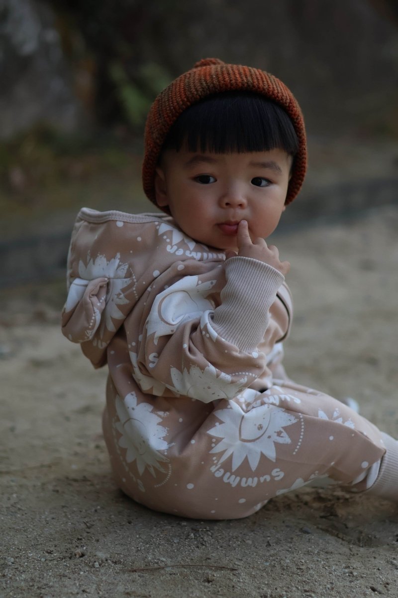 Soft Cotton Eared Jumpsuit for Babies & Kids (Beige Suns) - Tiny Tugz™
